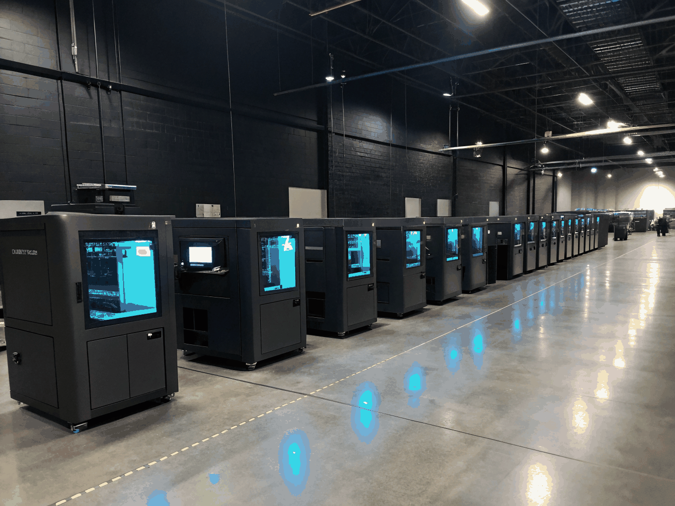 Technical 3D printing workshop setup with blueprint grid overlay